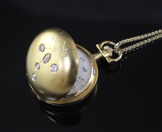 A 14ct gold and diamond set fob watch, on a 14ct gold box link chain,